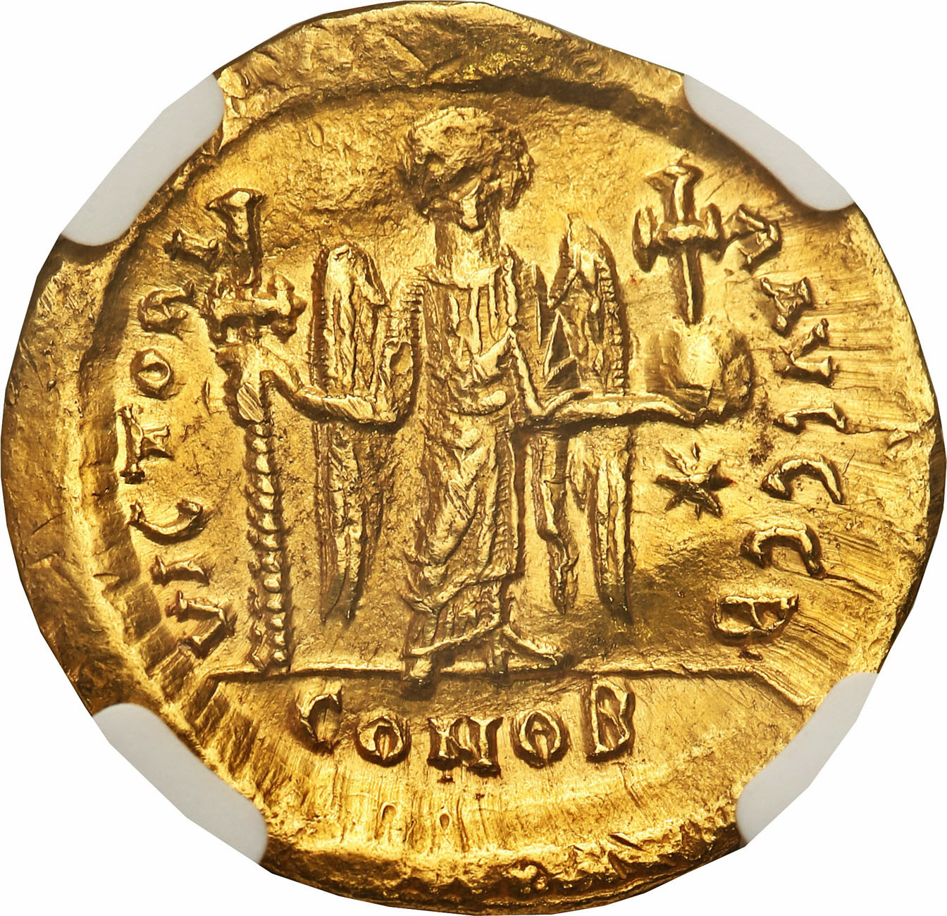 Bizancjum. Justin I (518-527). Solidus 518-522, Konstantynopol NGC AU 5/5 2/5